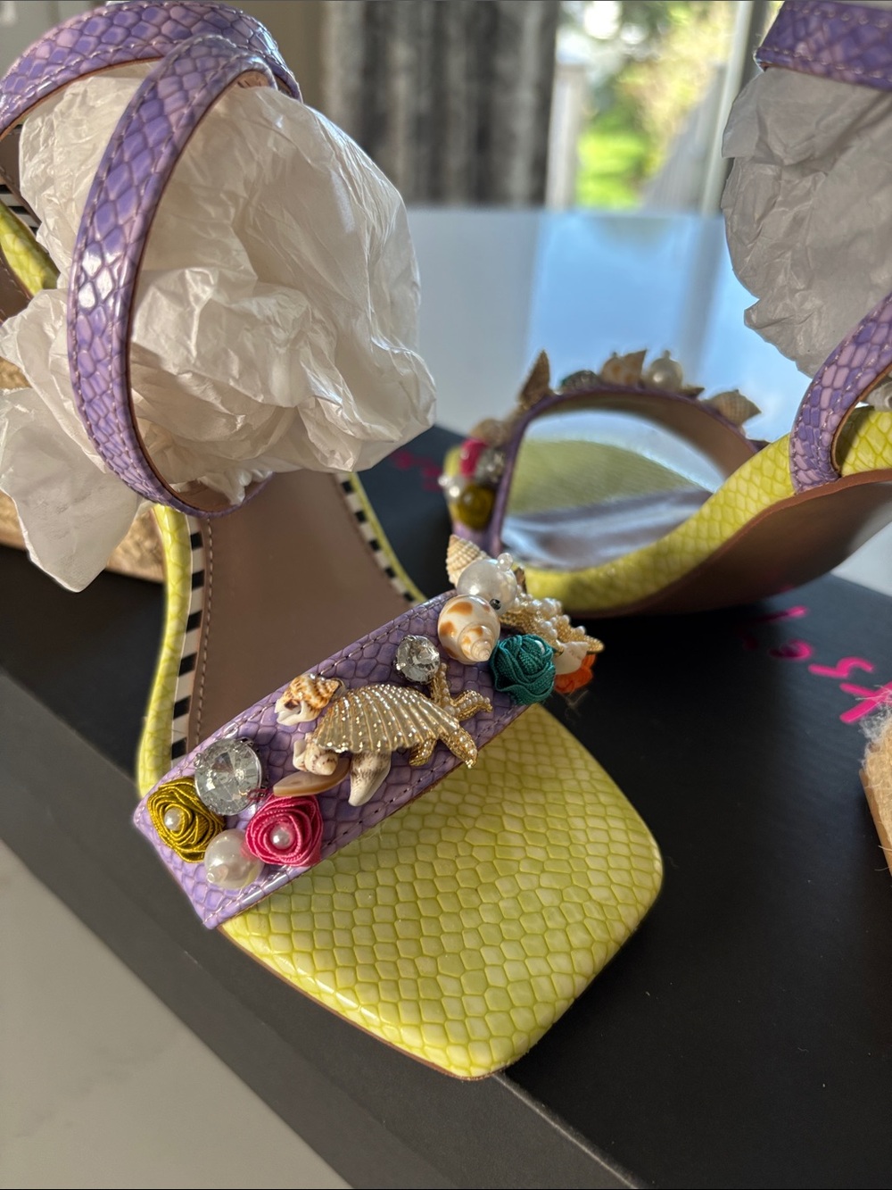 Betsey Johnson Yellow & Purple Floral Pearl Embellished Block Heel Sandals - Picture 4 of 11